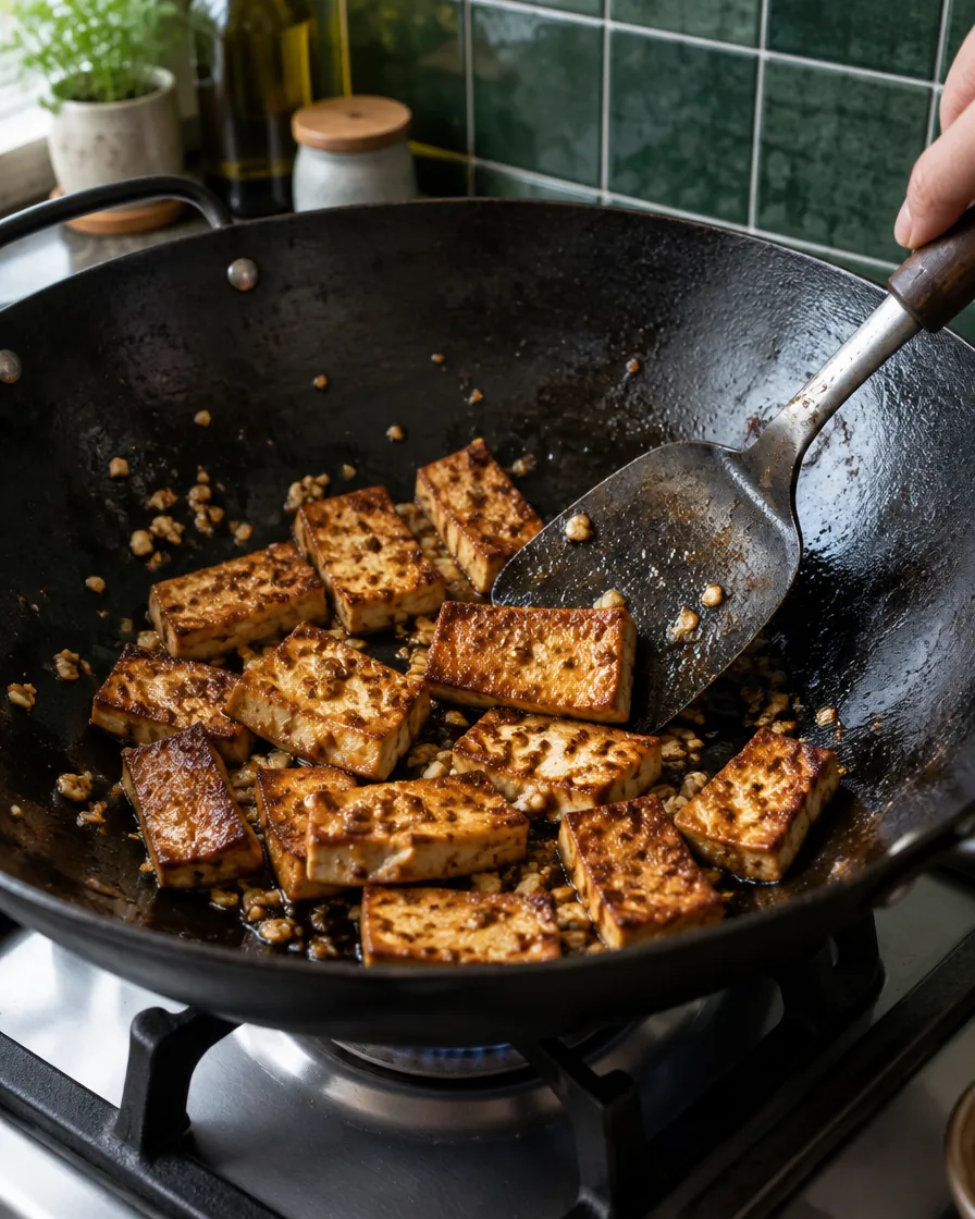 Step 5: Add the tofu and cook for about 1 minute, moving it gently s