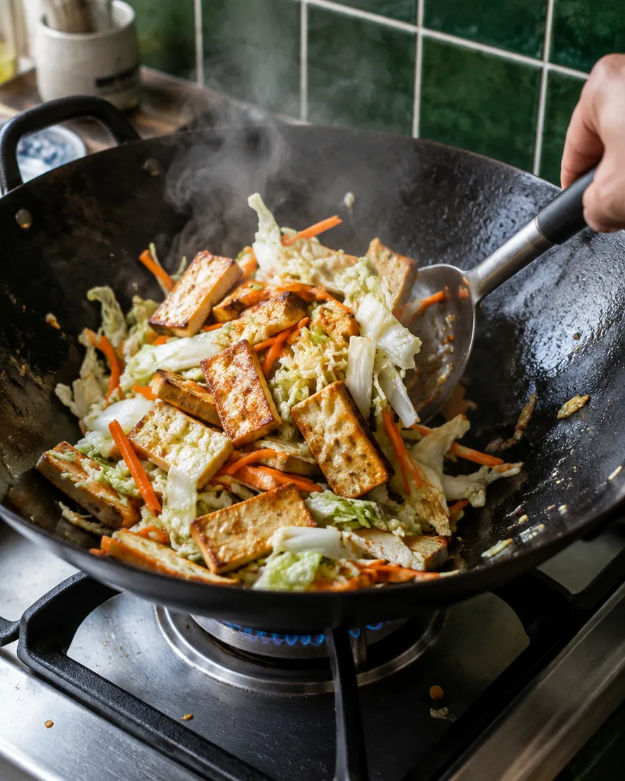 Step 6: Toss in the cabbage and carrot and stir-fry until the cabbag