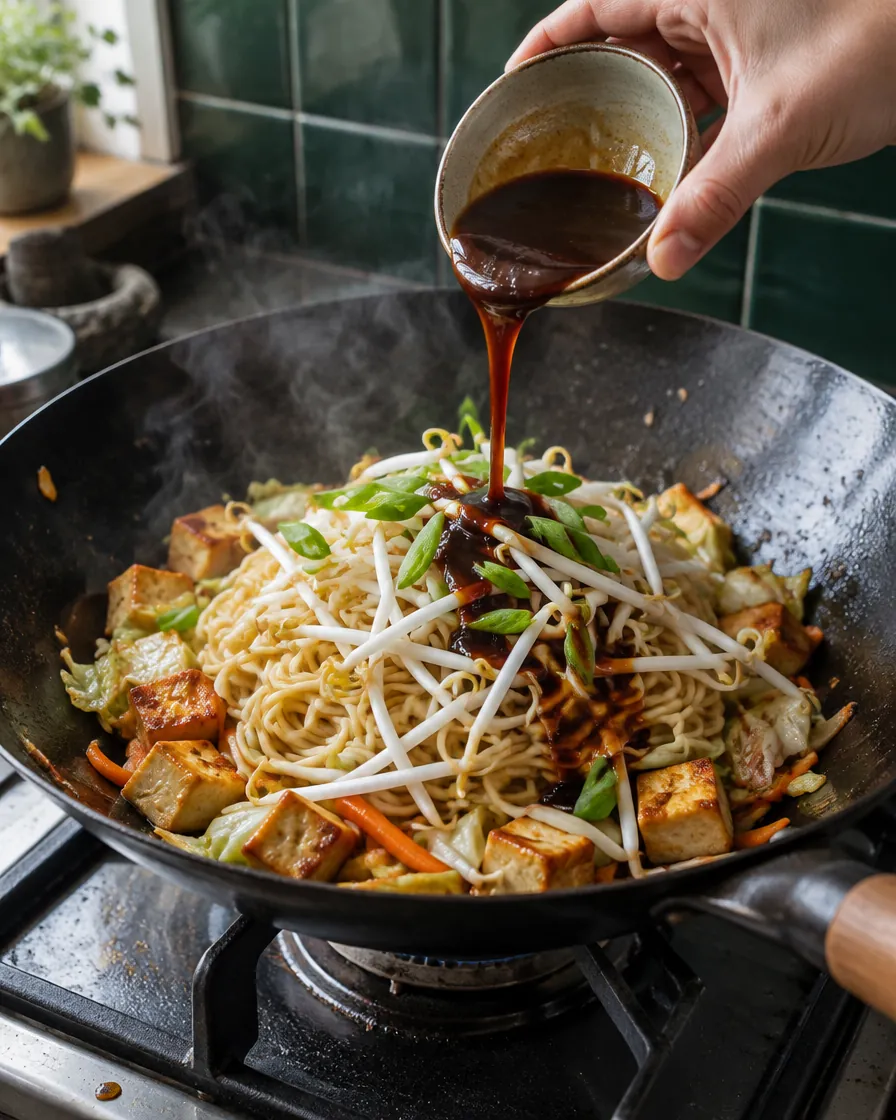 Step 7: Add the noodles, scallions, bean sprouts and sauce. Keep tos