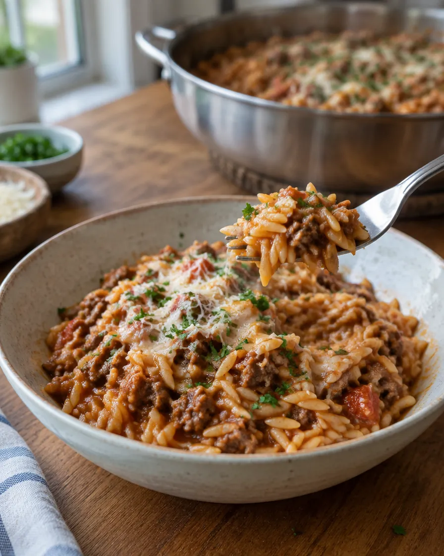 Bowl of beef bolognese orzo with parmesan