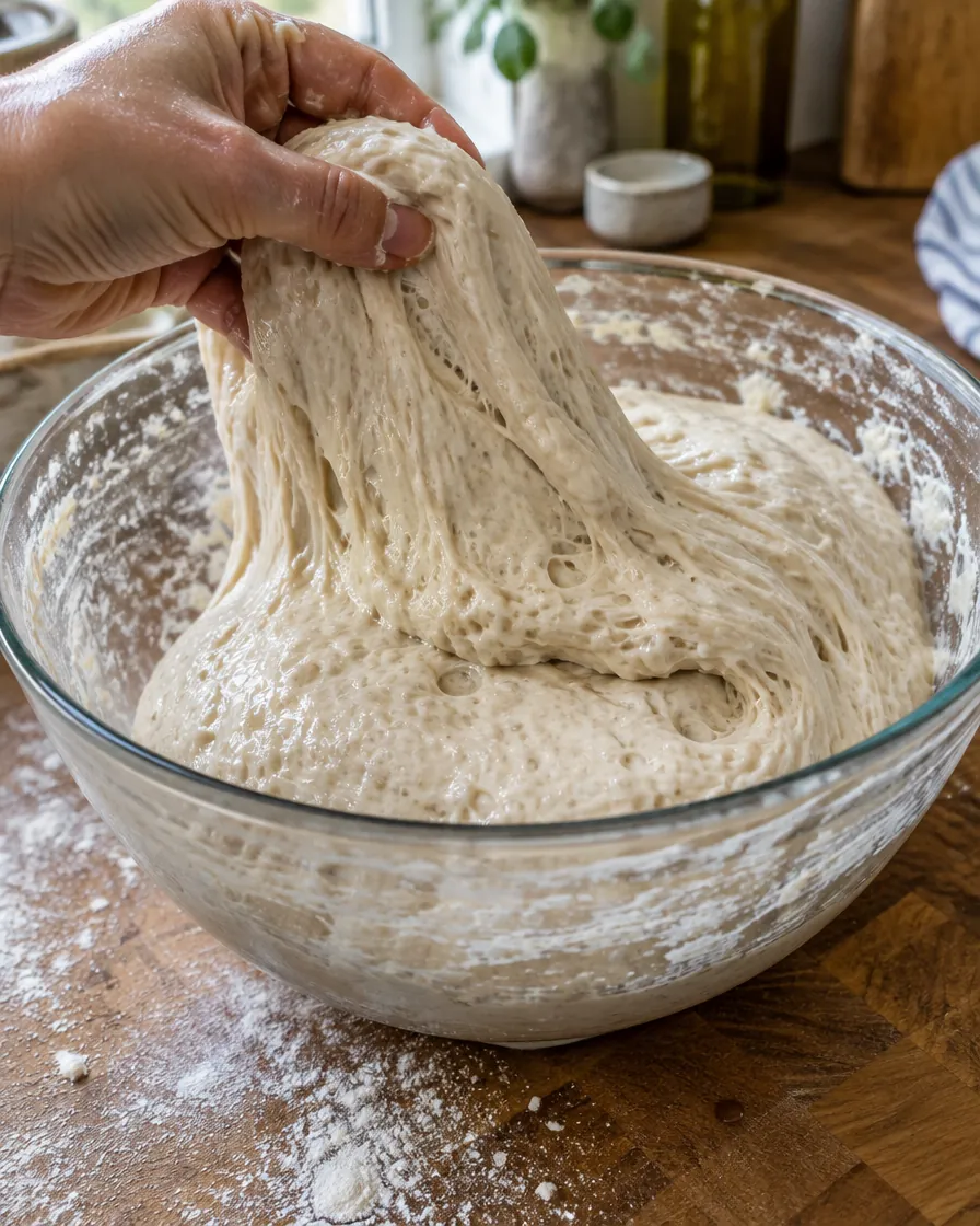 Step 5: Stretch and fold: grab the dough at the 12 o'clock position,