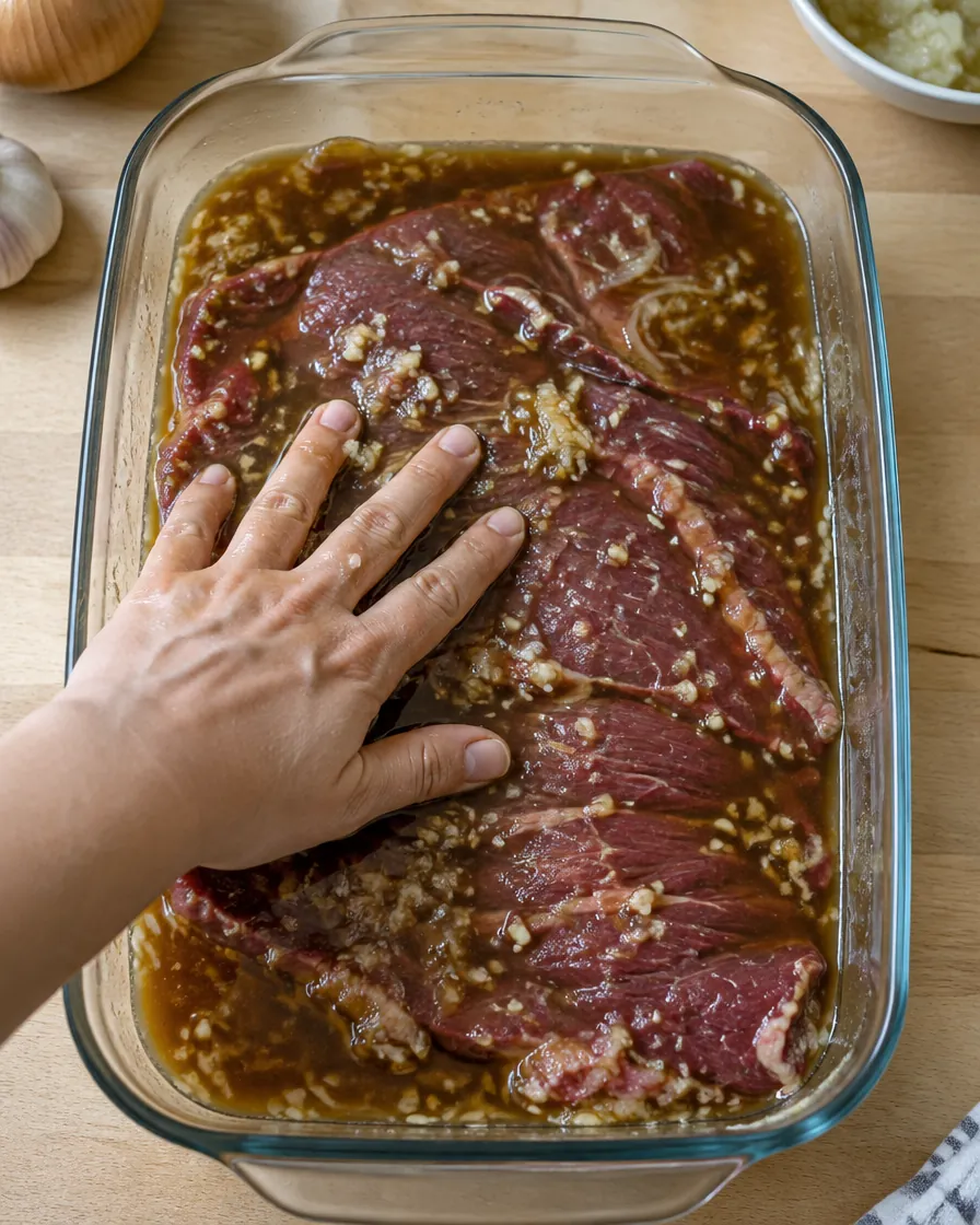 Step 1: Put the steak in the marinade, cover and refrigerate overnig