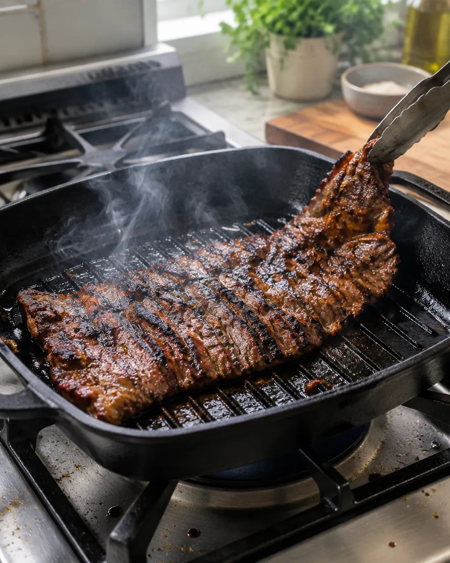 Step 2: Take the steak out of the marinade. Get a grill or heavy-bas