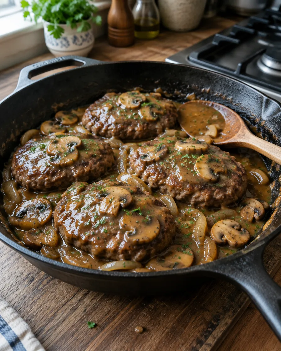 Beef Patties Simmered in Mushroom Onion Gravy