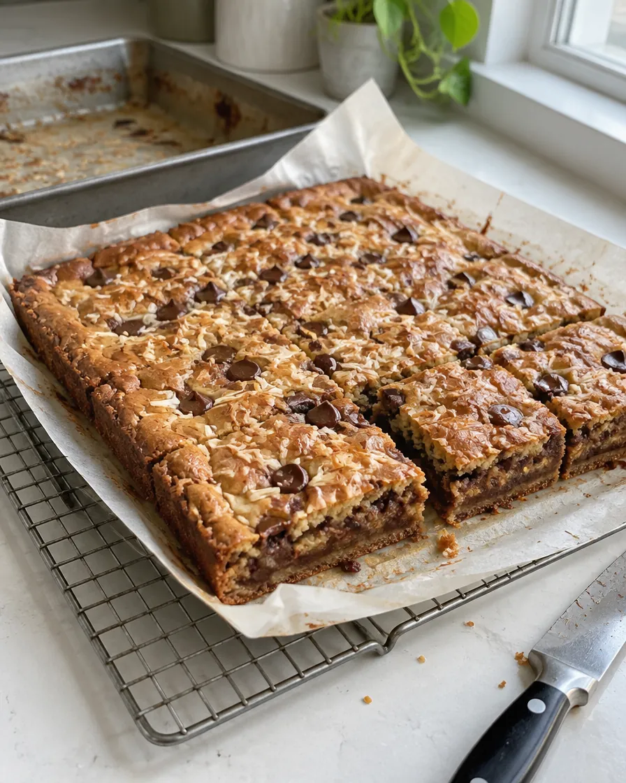 Baked coconut dark chocolate blondies sliced into squares