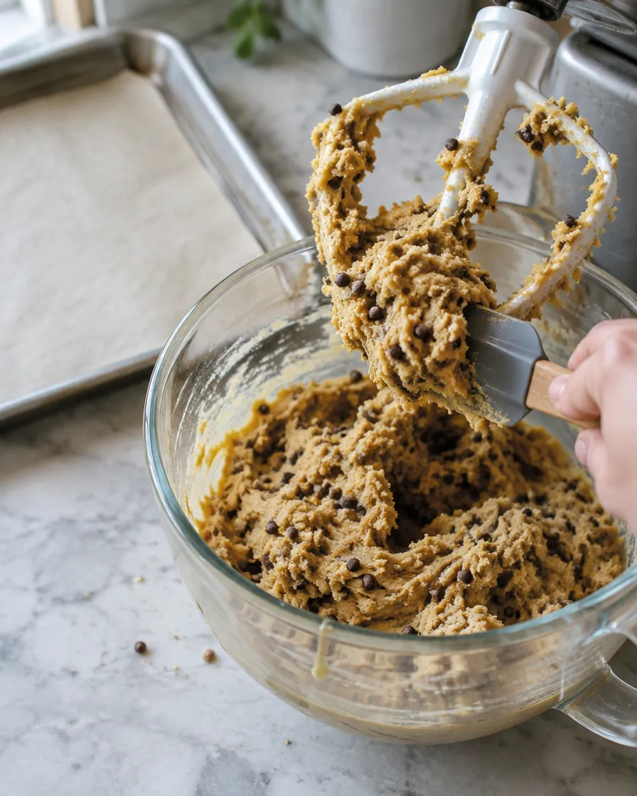 Step 2: Add the milk and vanilla and beat on high, scraping down the