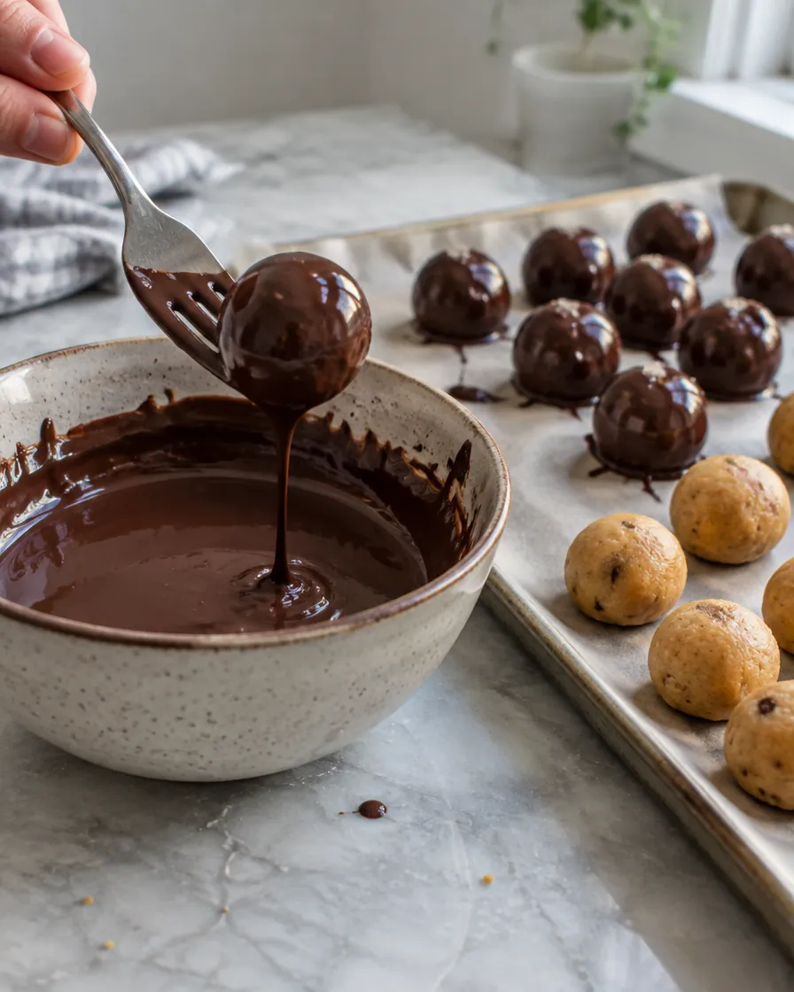 Step 5: Dip one ball at a time into the chocolate, lift it out with