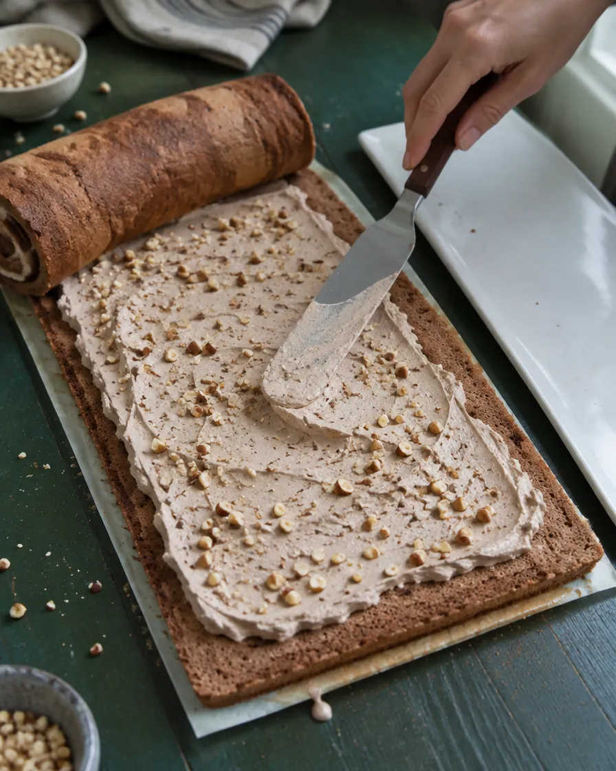 Step 10: Gently unroll the cake. Spread the cream over it, leaving a