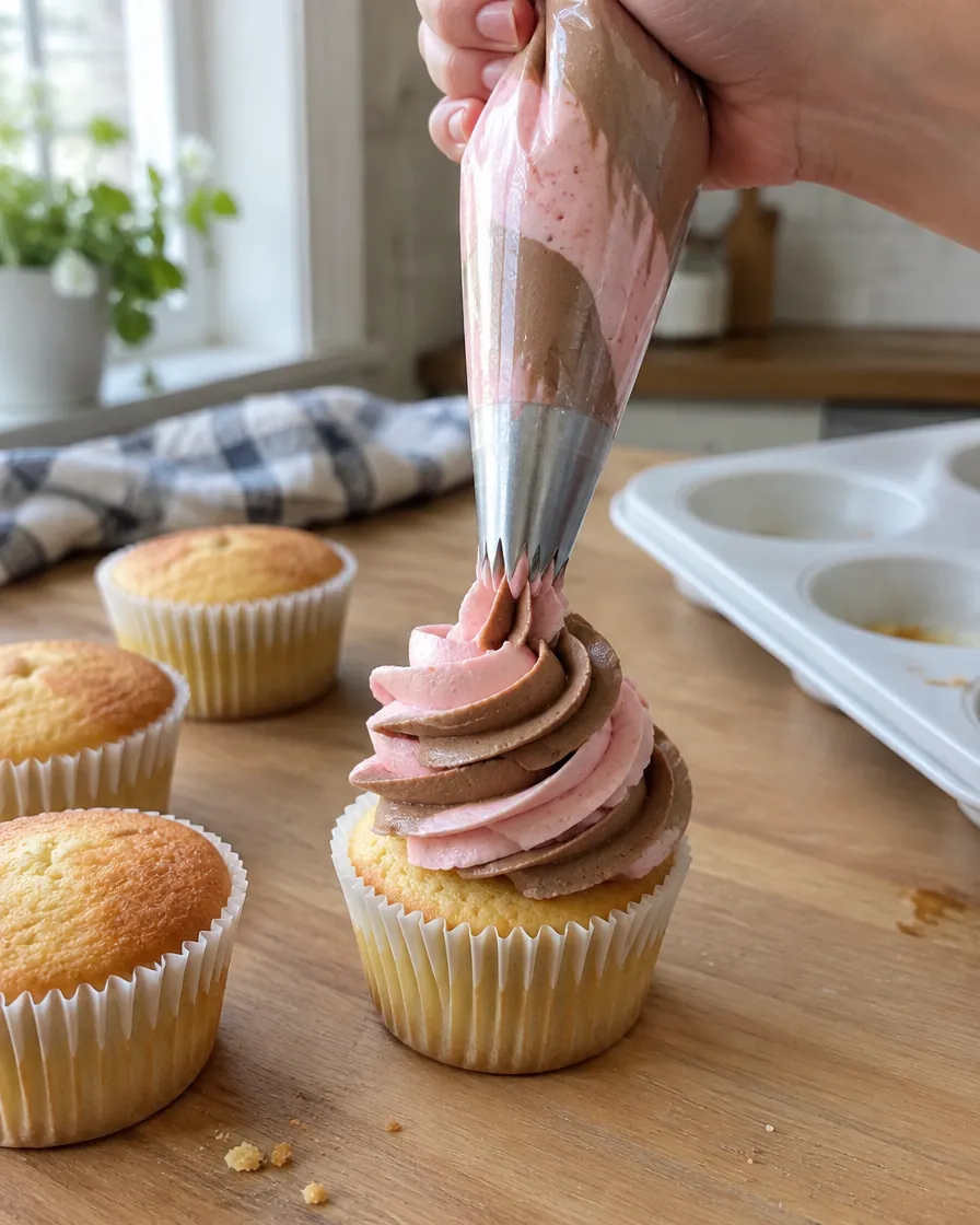 Step 7: Spoon the two frostings into a piping bag fitted with a larg