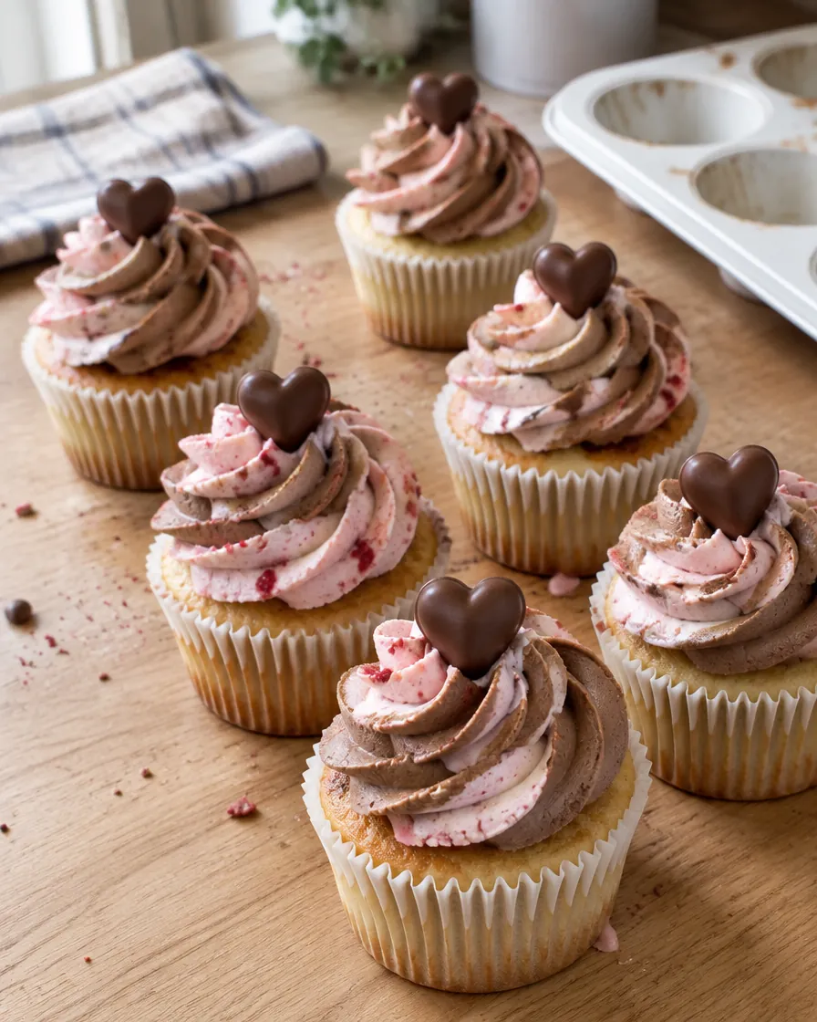 Chocolate-Hazelnut Filled Cupcakes with Strawberry Swirl Frosting
