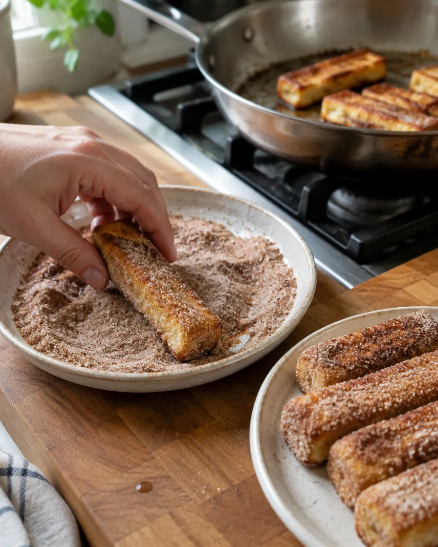 Step 7: Move the hot sticks straight to the cinnamon sugar and roll 