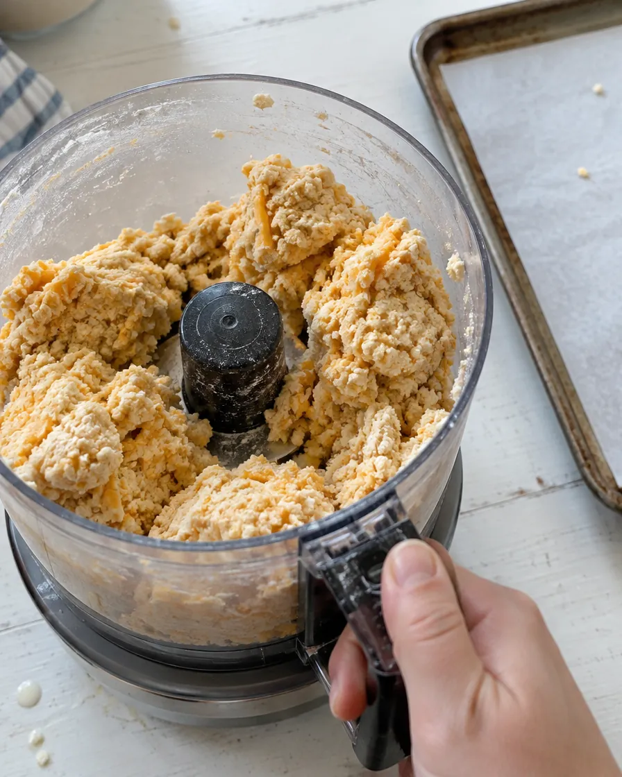 Step 1: Process the cheddar, flour, cornstarch and salt in a food pr