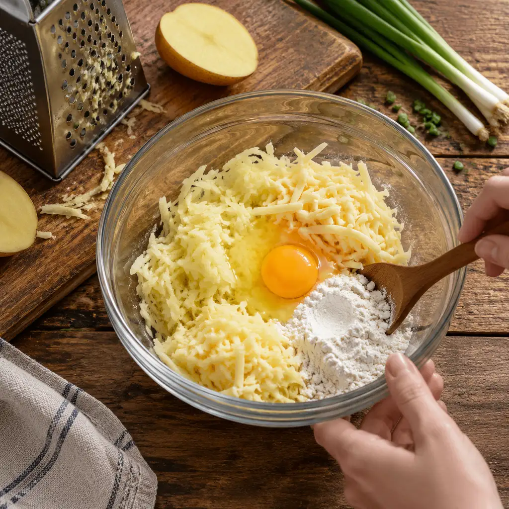 Grated potato in a glass bowl with shredded cheese, flour and a cracked egg added on top