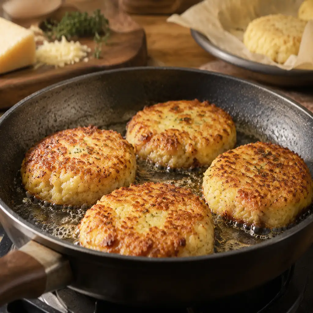 Potato cheese patties frying in hot oil in a pan, edges turning golden brown