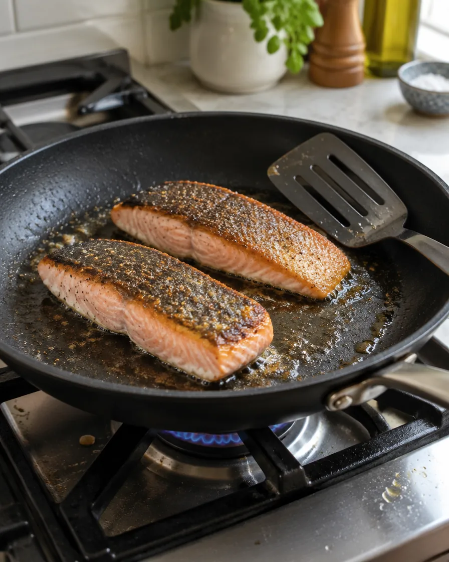 Step 3: Lay the fillets in skin side down and cook for 2-3 minutes,