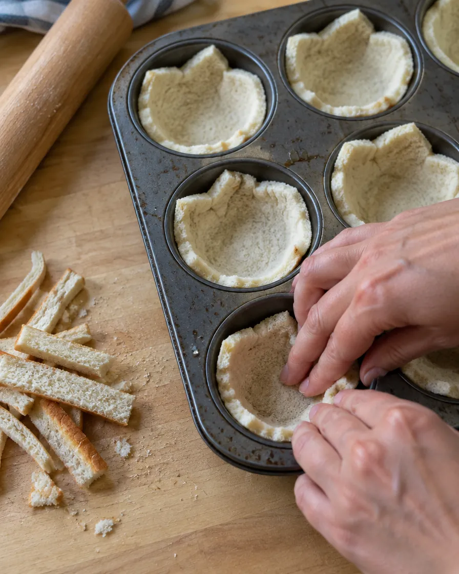 Step 3: Press the flattened slices into the Texas muffin tin to form