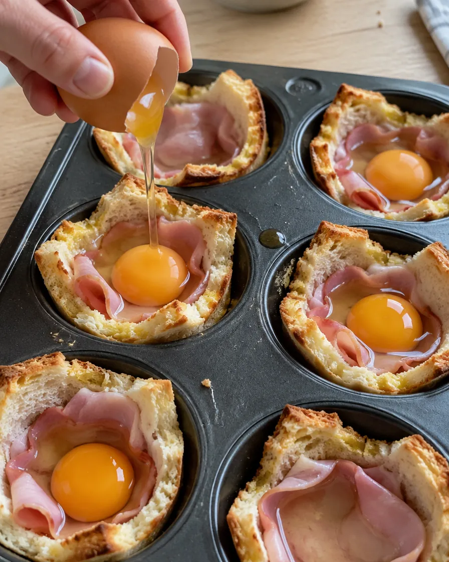 Step 9: Share the ham between the cups, then crack an egg into each 