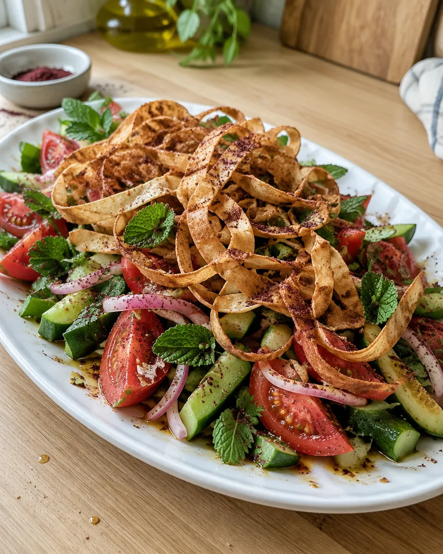 Fattoush Salad Topped with Crispy Flatbread Ribbons