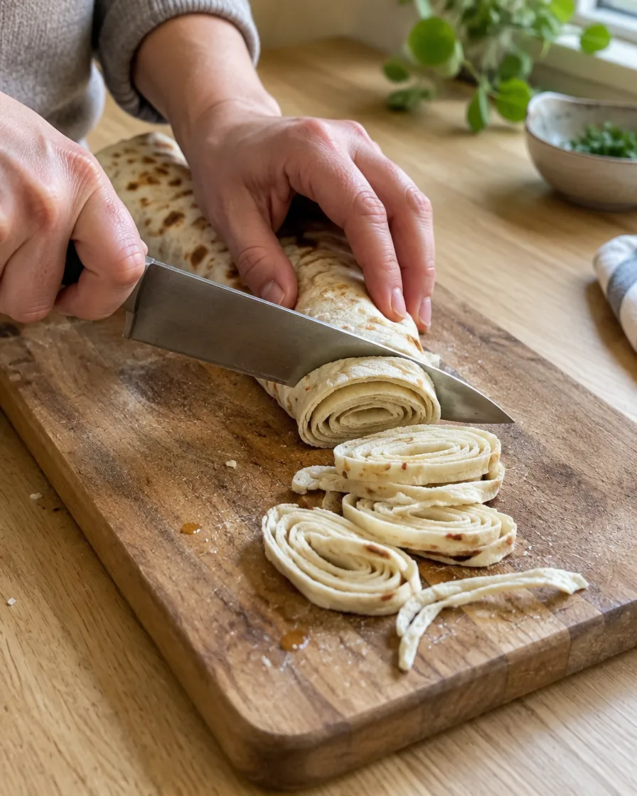 Step 2: Roll the flatbreads up tightly and cut them into thin slices