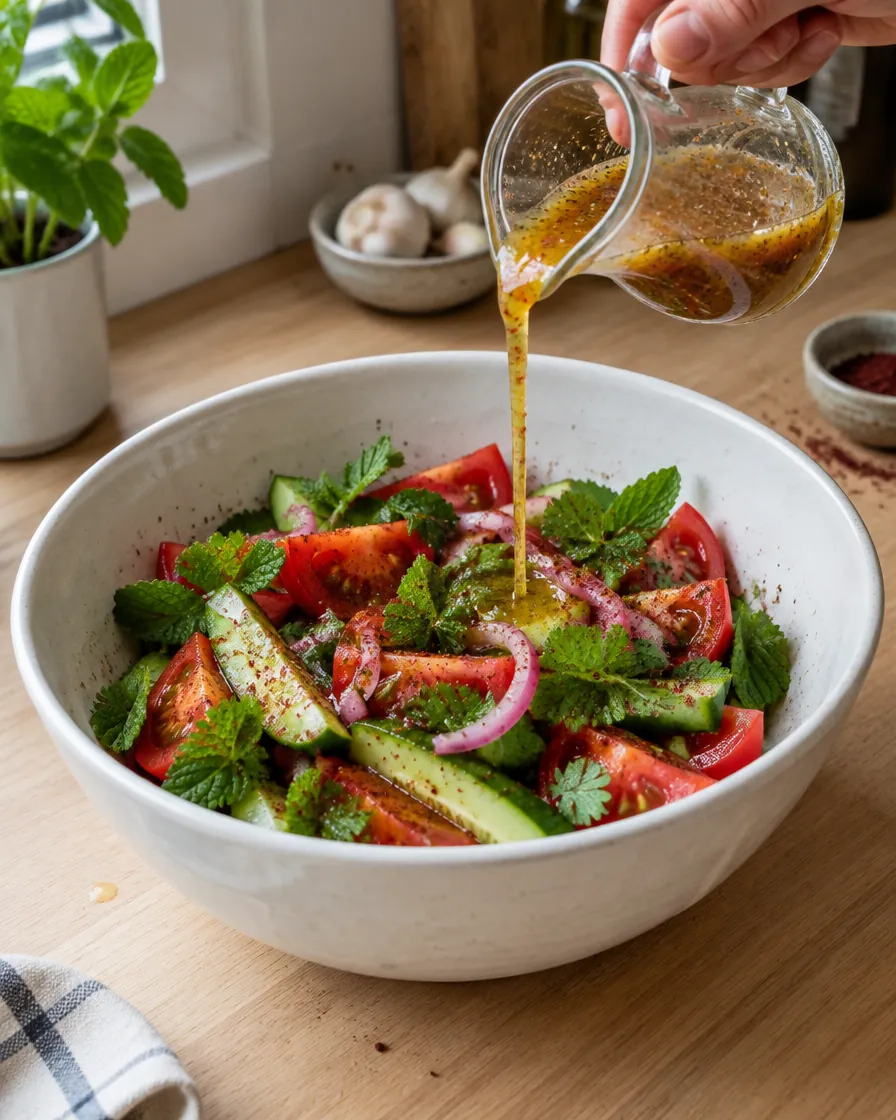 Step 8: Pour over the dressing and toss gently; you may not need all