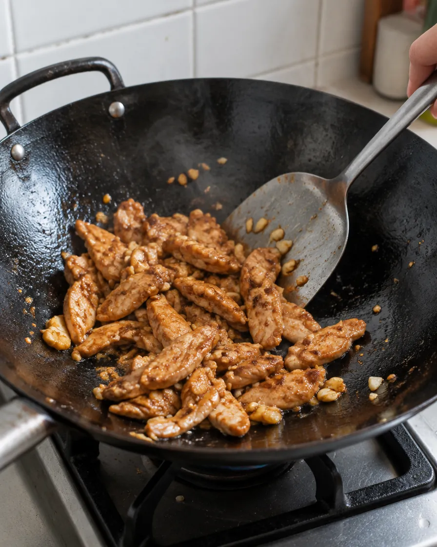 Step 6: Add the chicken and stir-fry for about 1 minute, until brown