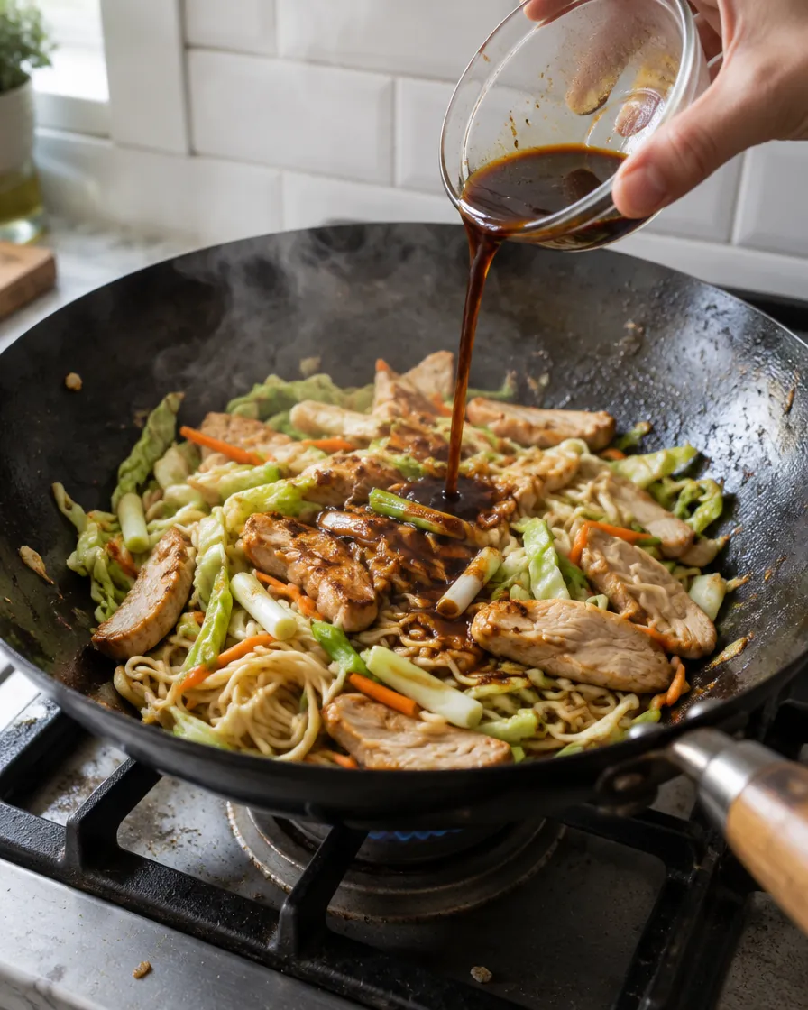 Step 8: Add the noodles, the remaining sauce and the water and stir-
