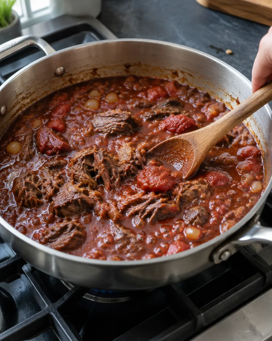 Step 3: Add the shredded beef, braising sauce, crushed tomatoes, tom