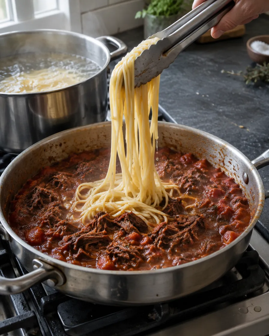 Step 4: Use tongs to transfer the spaghetti straight from the pot in