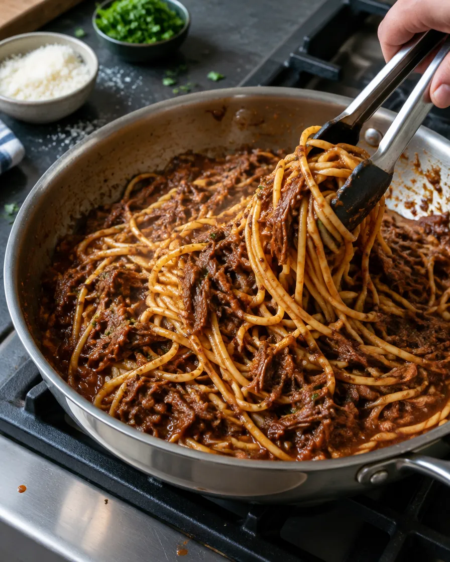 Tossing pasta until the sauce clings