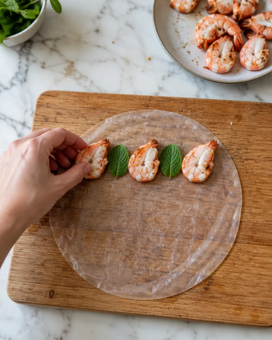 Step 9: Across the upper part of the sheets, line up 3 prawn halves