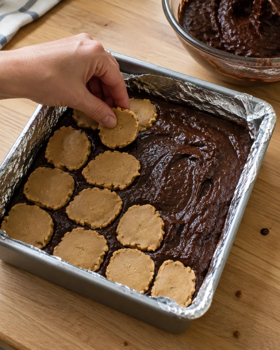 Step 5: Spread half the batter in the pan. Pat pieces of the peanut