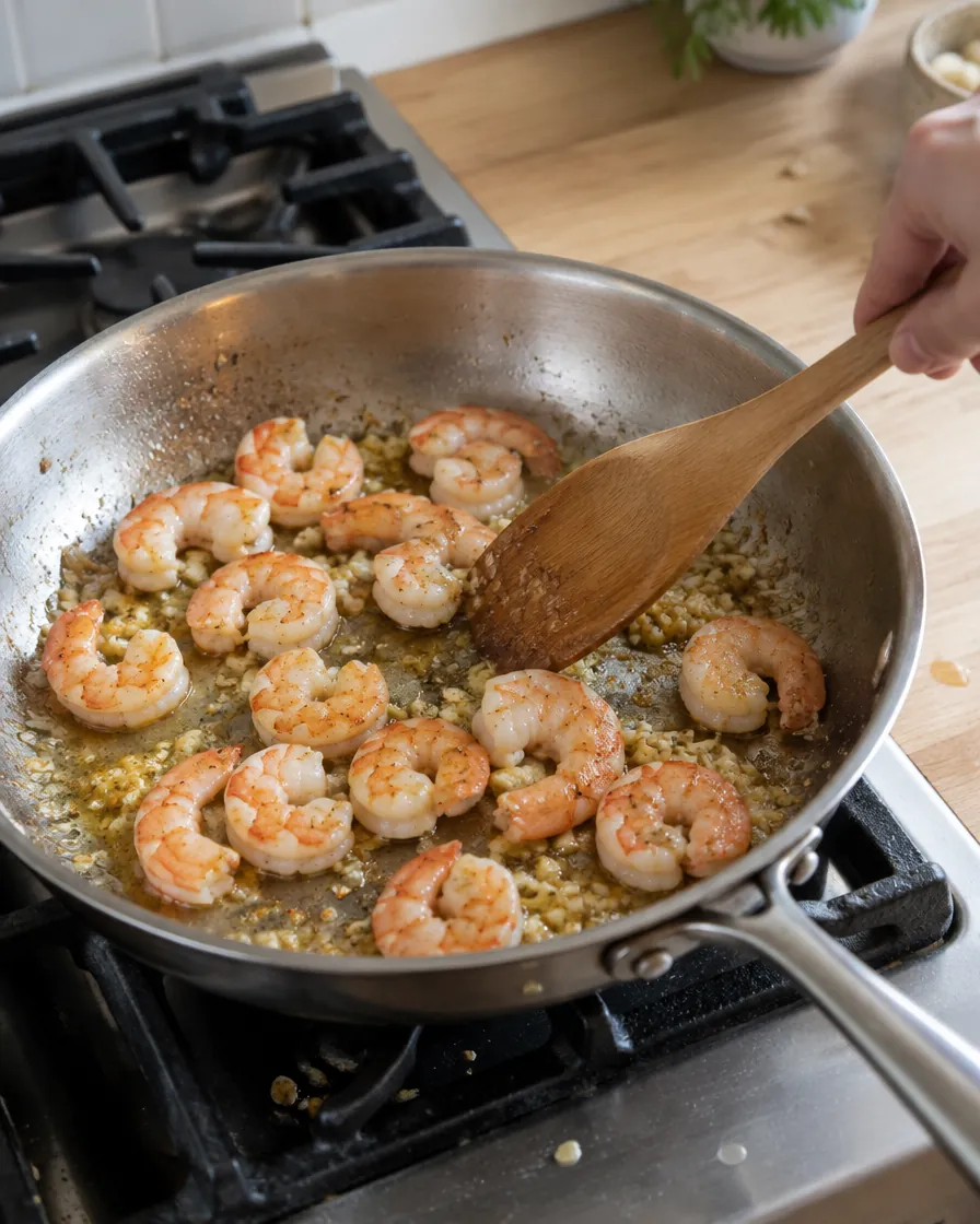 Step 3: Get a skillet hot over high heat. Add the shrimp along with 