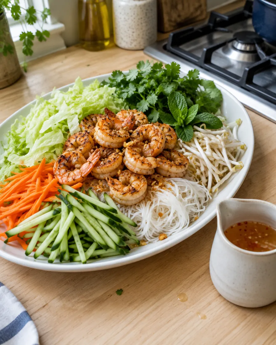 Garlic Shrimp Rice Noodle Salad with Lime Fish Sauce Dressing