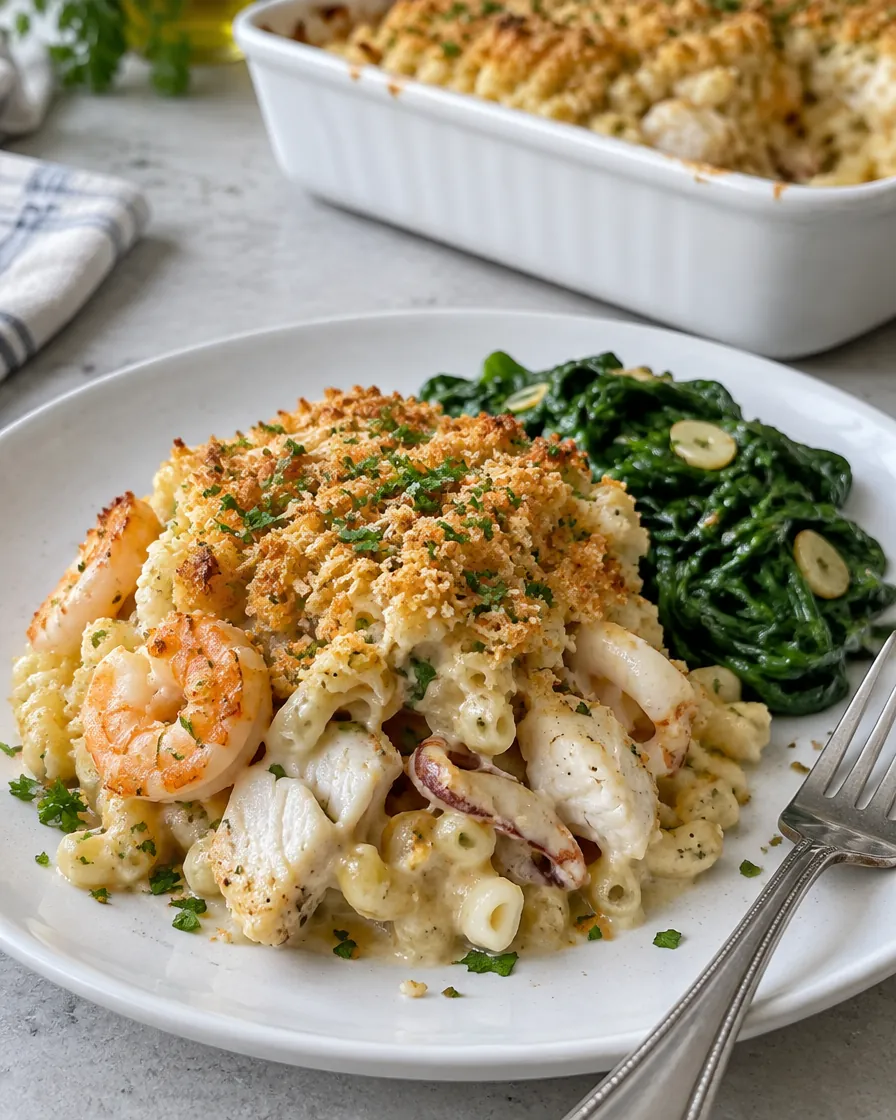 Serving of seafood pasta gratin with garlic spinach