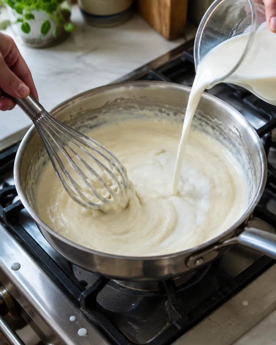 Step 7: Whisk in 1 cup of the milk until thick, then add the rest of