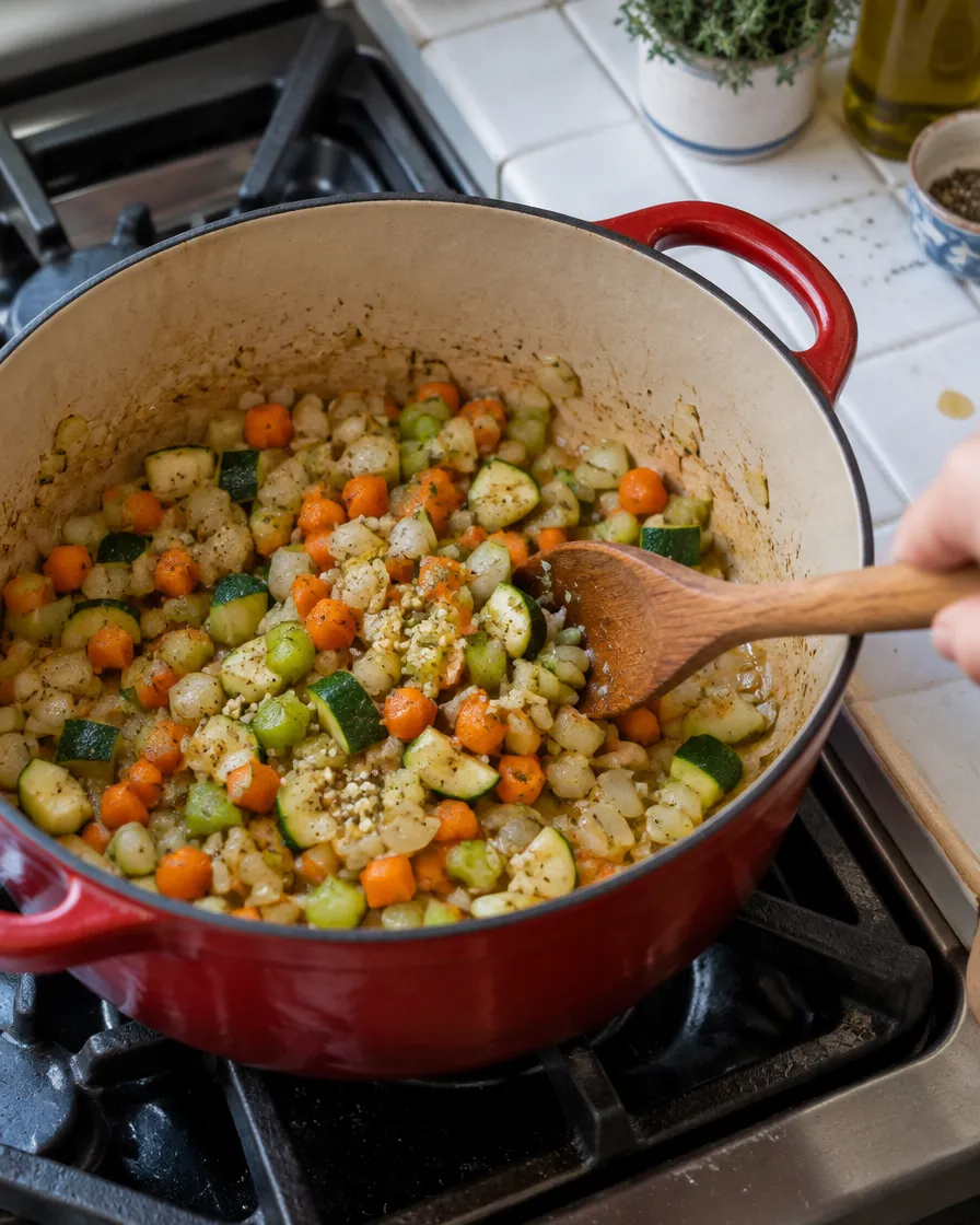Step 1: Warm the olive oil in a large stockpot or Dutch oven over me