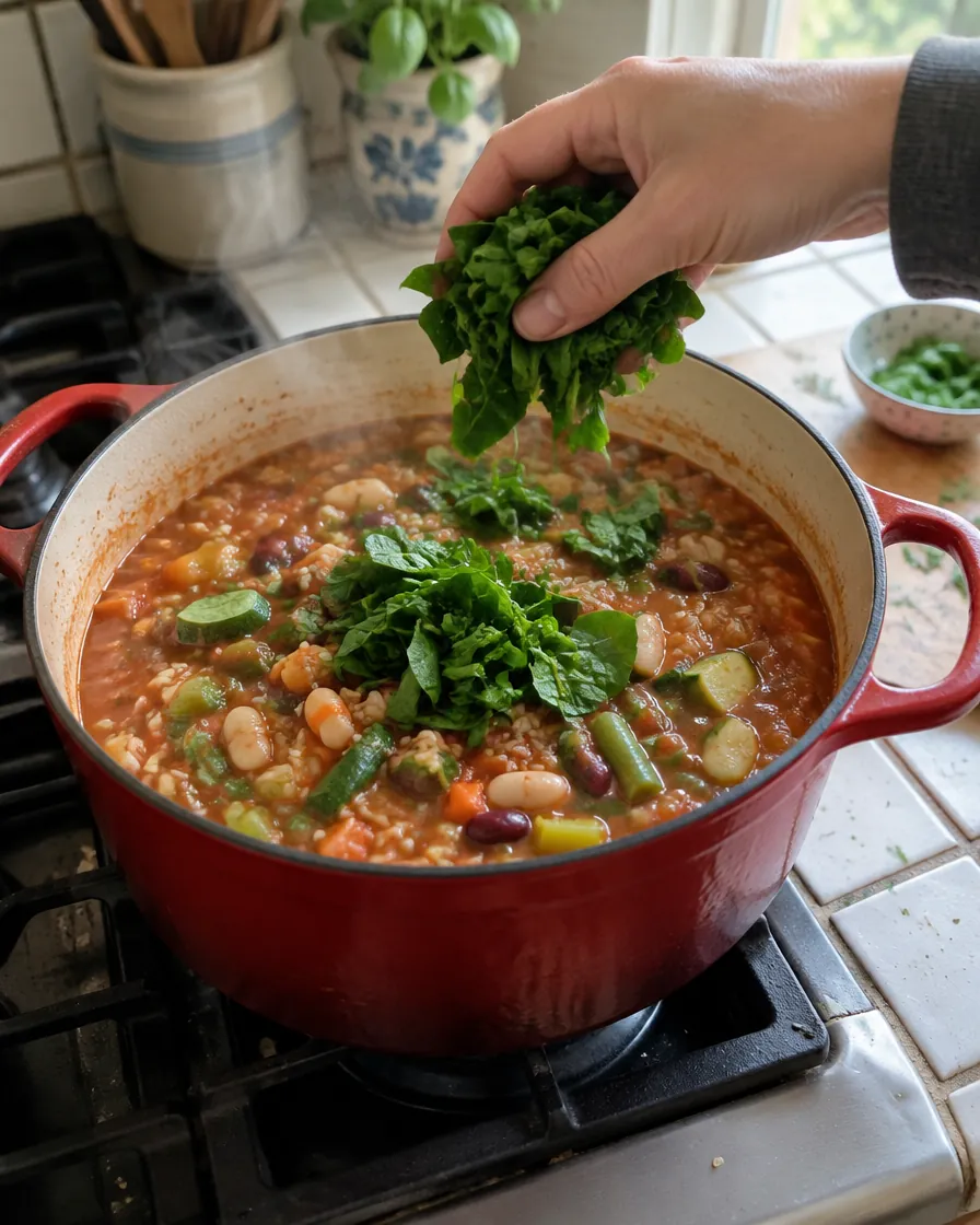 Stirring in the spinach
