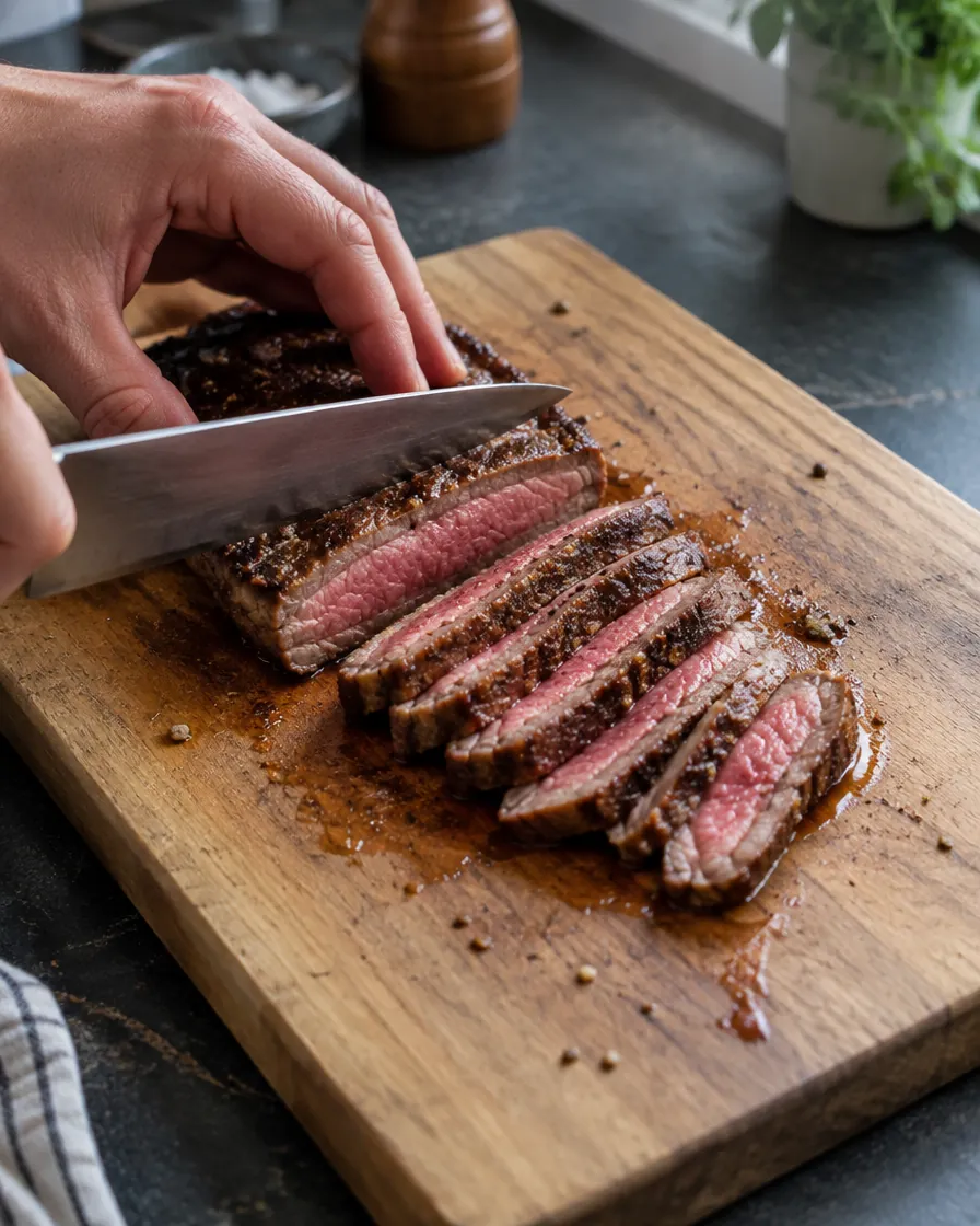 Step 9: Slice the steak thinly across the grain. Combine it with the