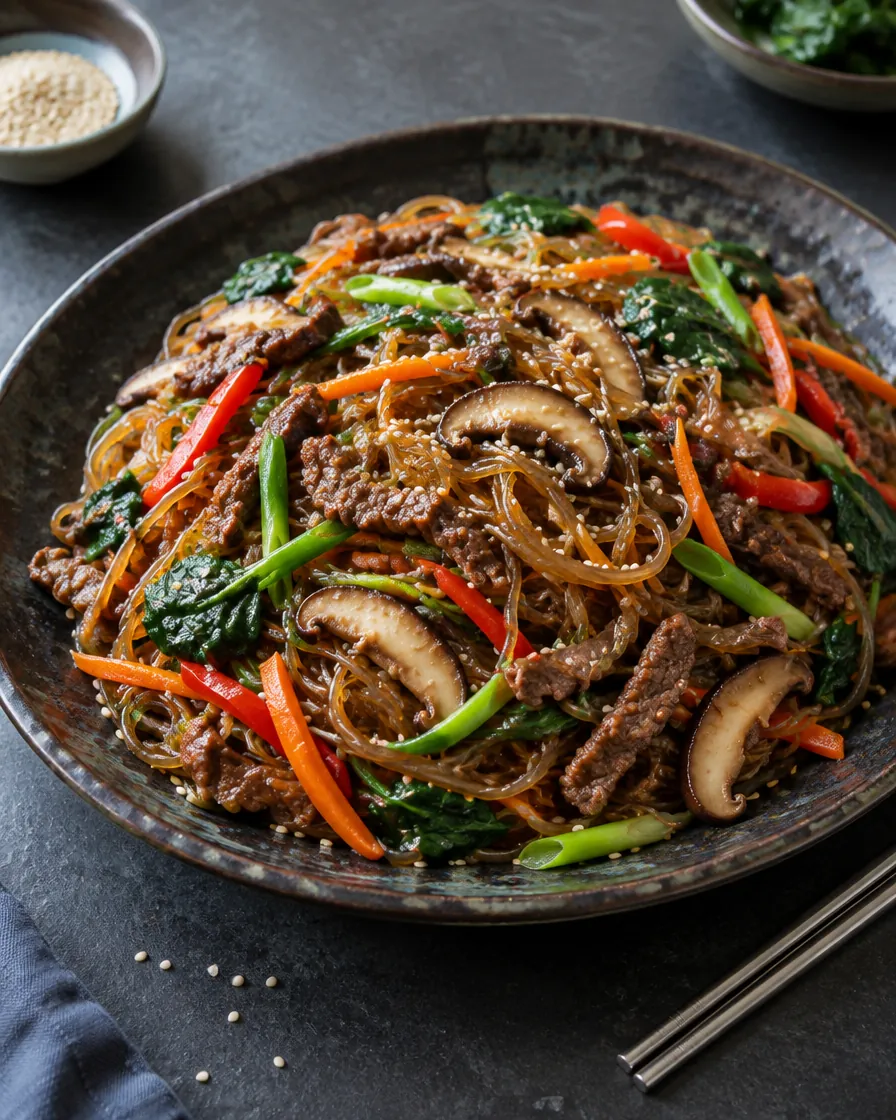 Japchae-Style Sweet Potato Glass Noodles with Beef and Vegetables