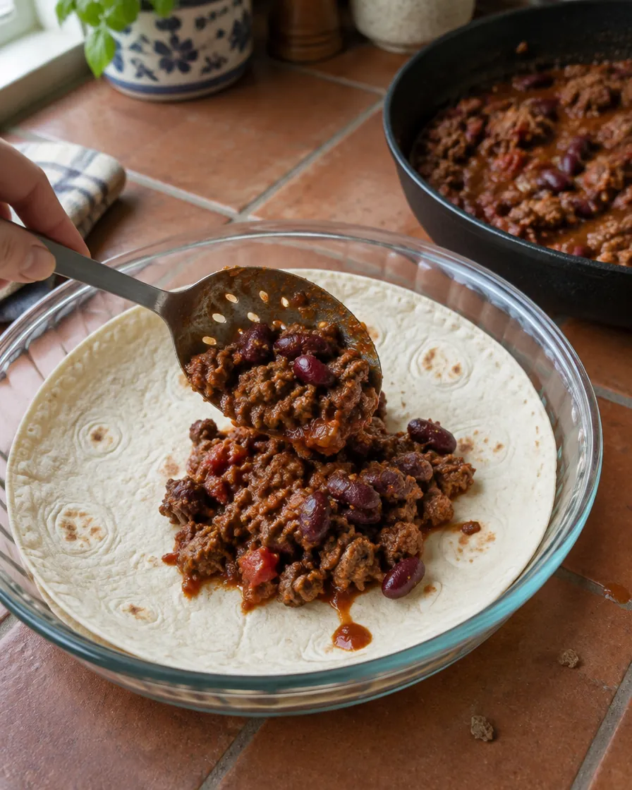 Step 6: To assemble, lay one tortilla in the base of a 24 cm / 9-inc