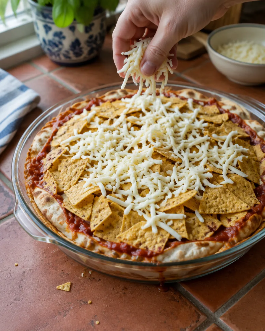 Step 11: Take it out, cover the top with corn chips and scatter the c