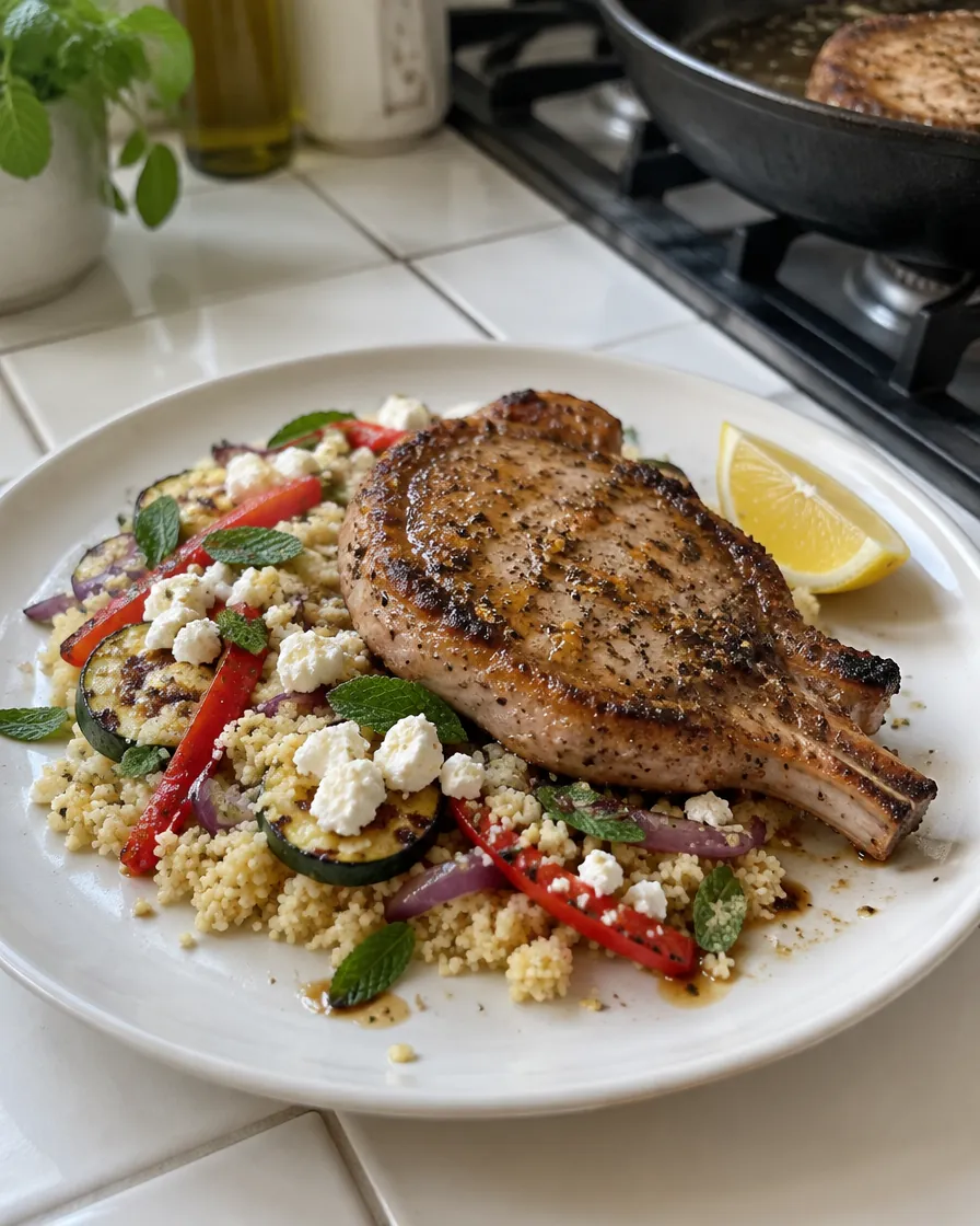Lemon Pepper Pork Cutlets with Charred Vegetable Feta Couscous