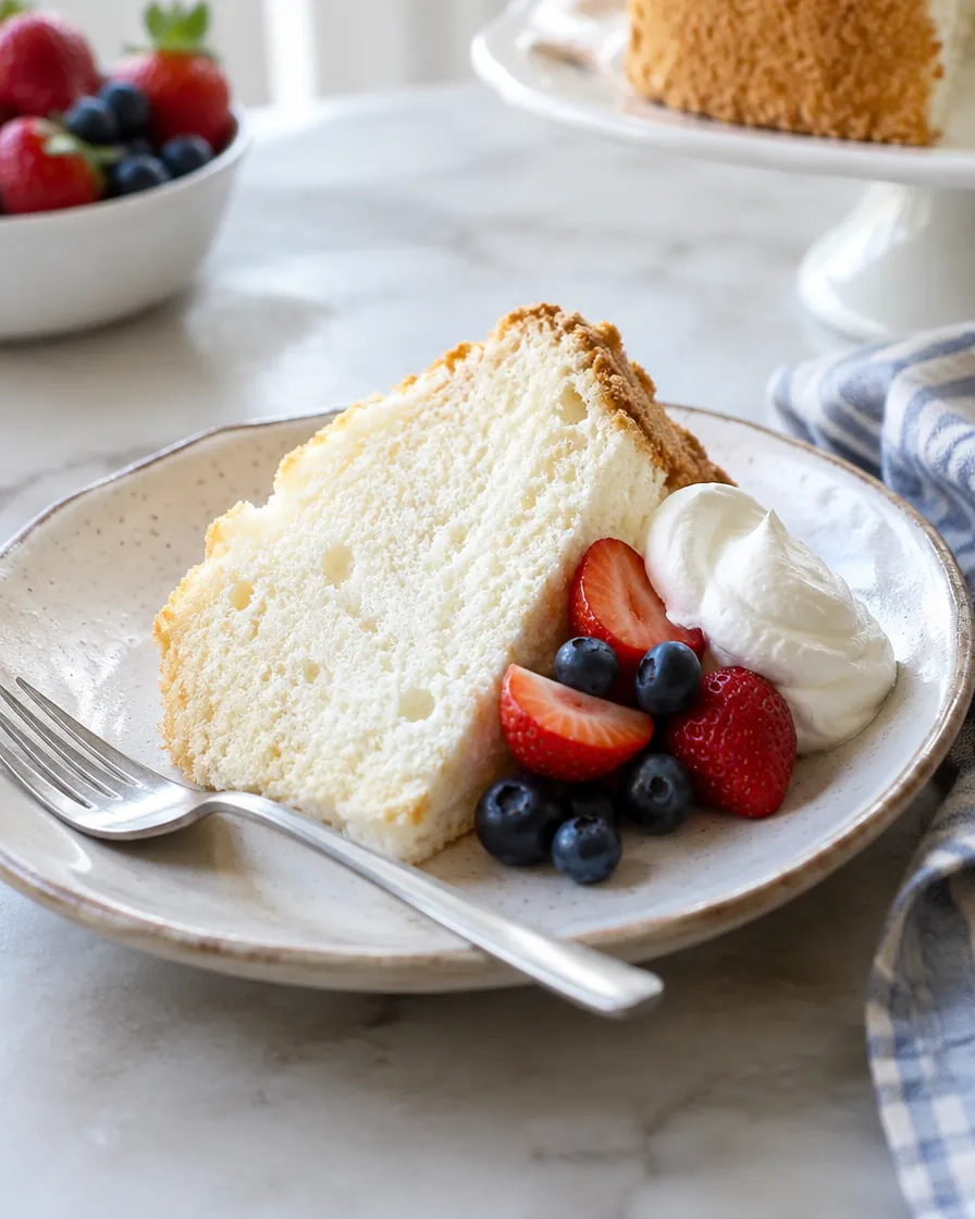 Plated slice of angel food cake with berries and whipped cream
