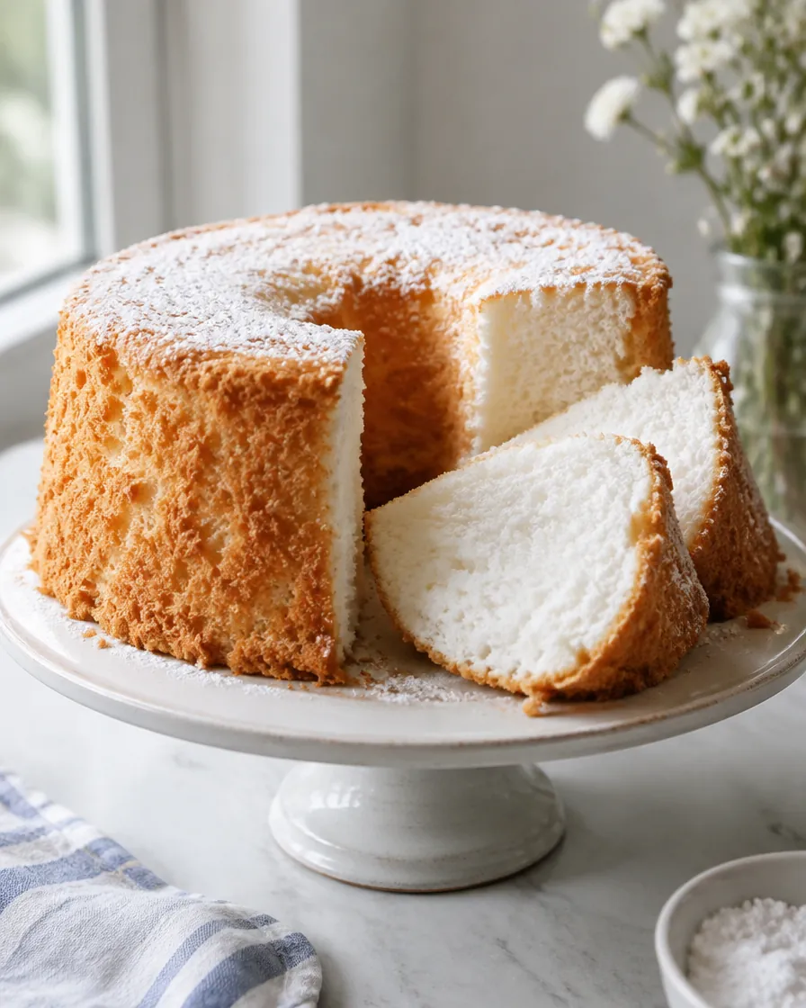 Sliced angel food cake on a cake stand