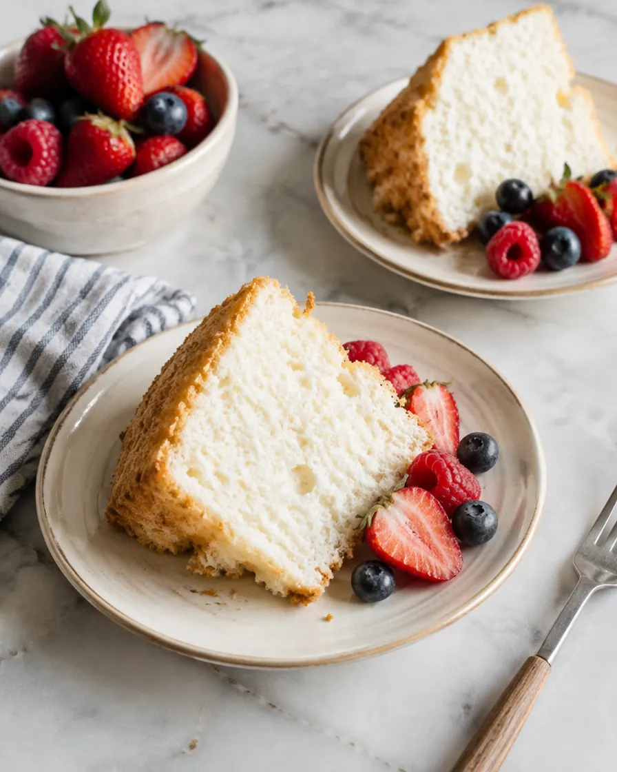 Two plated slices of angel food cake with fresh berries