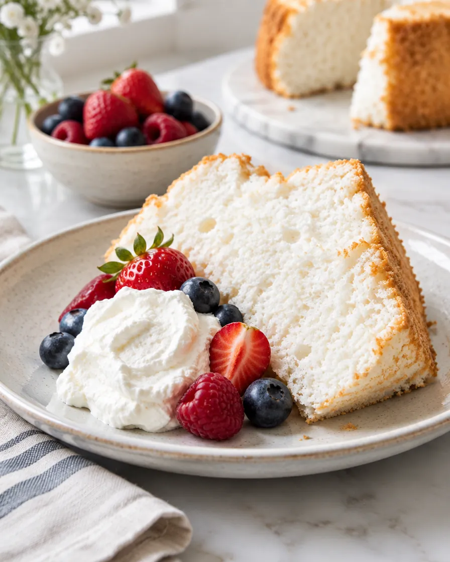 Slice of angel food cake with whipped cream and berries