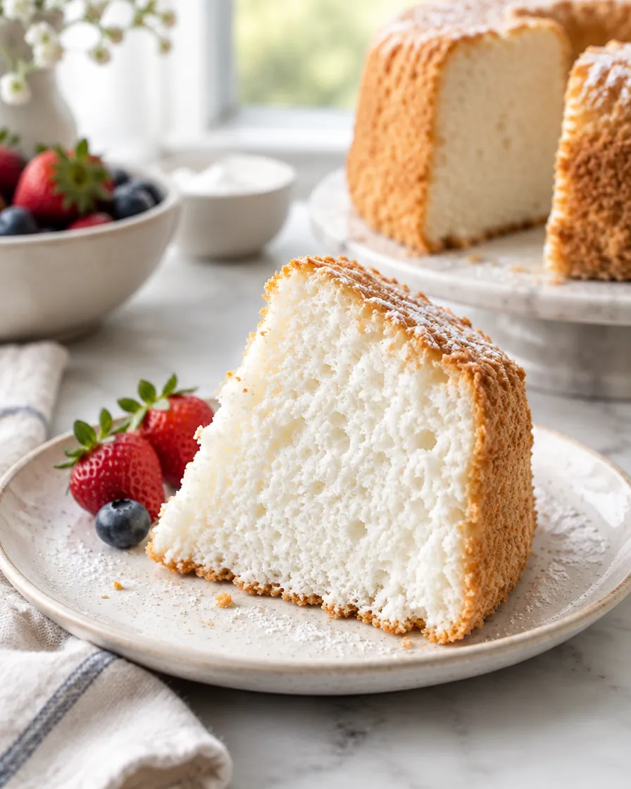 Slice of angel food cake with strawberries