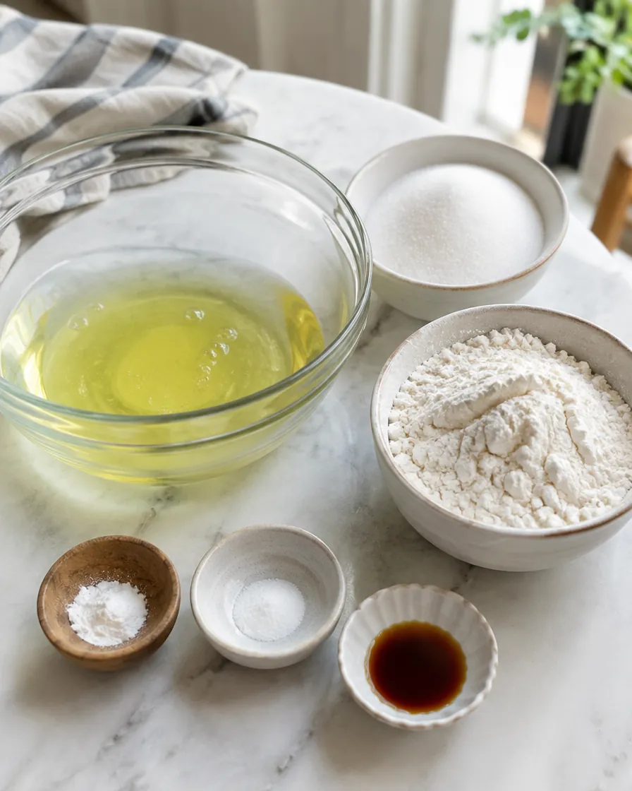 Angel food cake ingredients: egg whites, sugar, cake flour, cream of tartar, salt and vanilla
