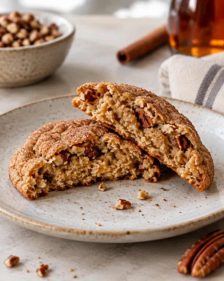 Maple pecan cookie broken in half showing the soft center