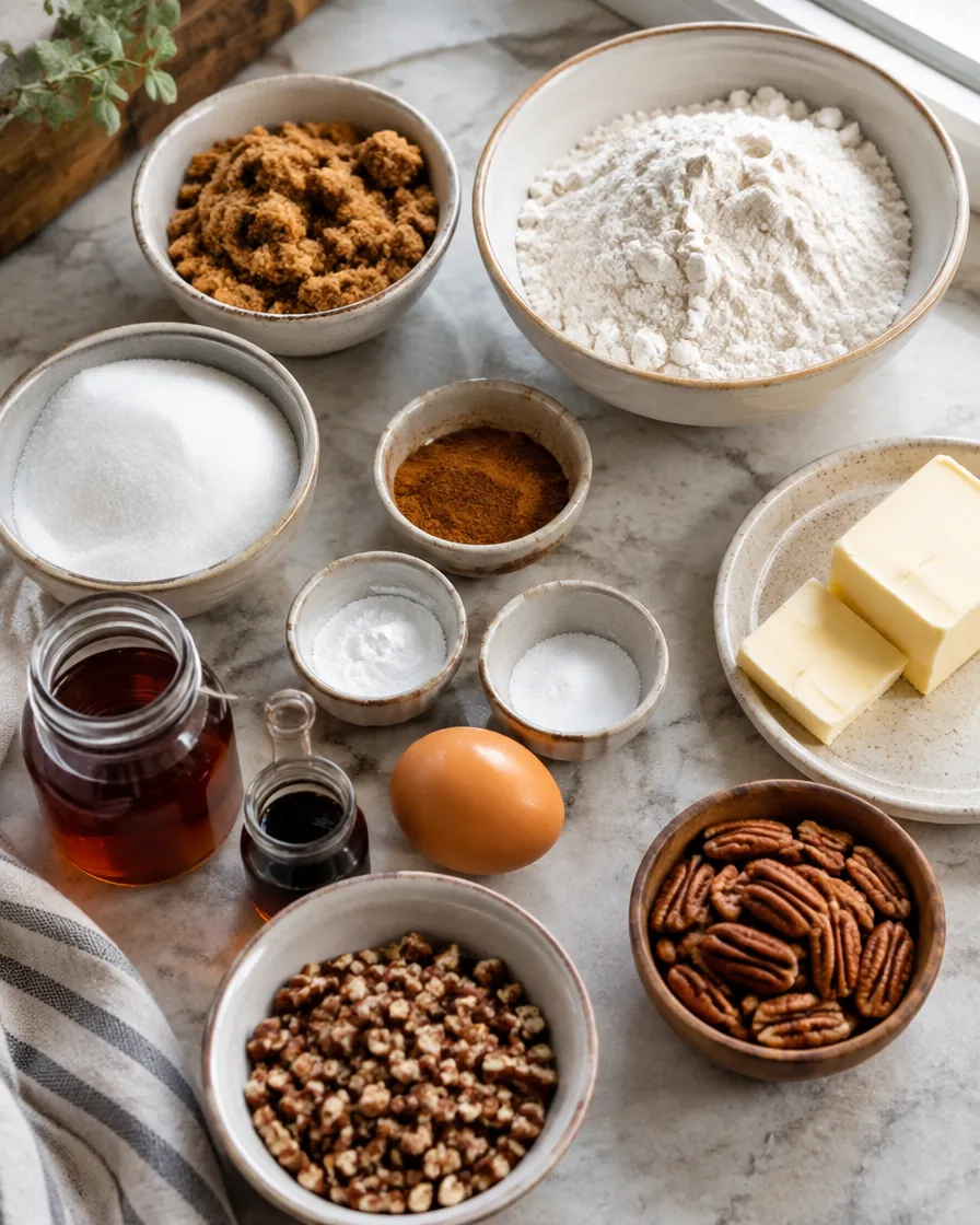 Ingredients for maple pecan snickerdoodles, including maple syrup and pecans